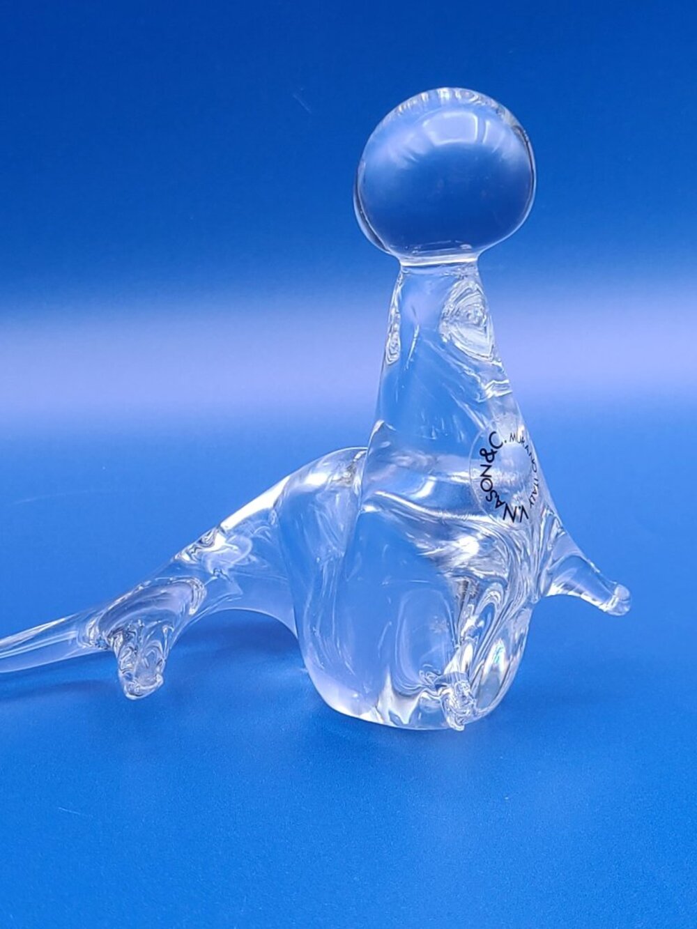 Vintage Murano V Nason Clear Glass Seal with Ball Original Label